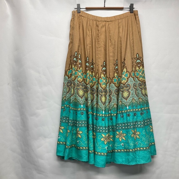 Coldwater Creek Linen Blend Colorful Boho Midi Skirt Size Medium Hindi Hippie - Picture 6 of 14